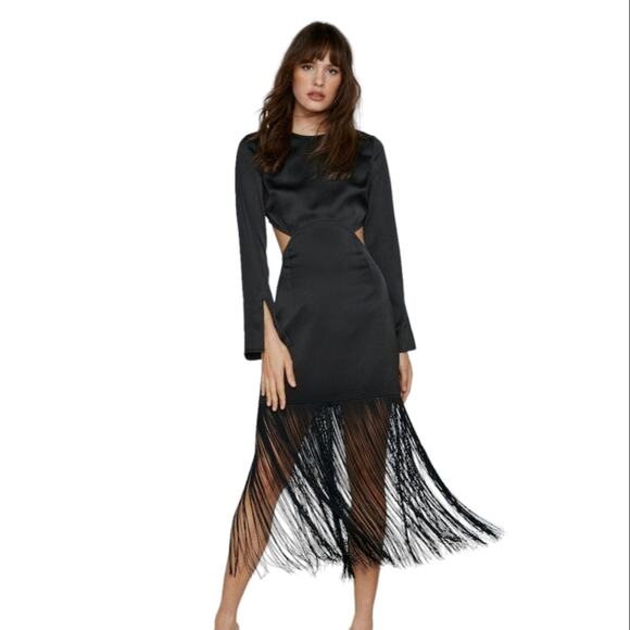 NWT Nasty Gal Dress Womens Size 6 Fringe Satin Cut Out Whimsigoth Long Sleeves - Picture 1 of 15